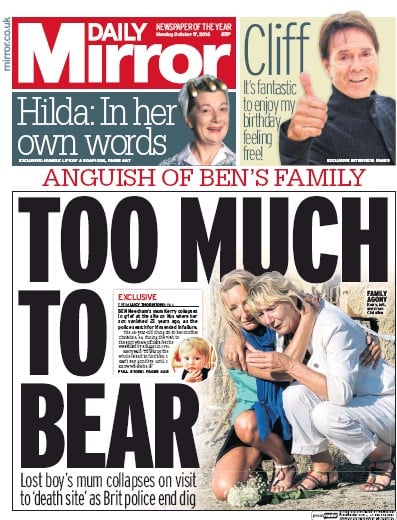 Daily Mirror Newspaper Front Page for 17 October 2016