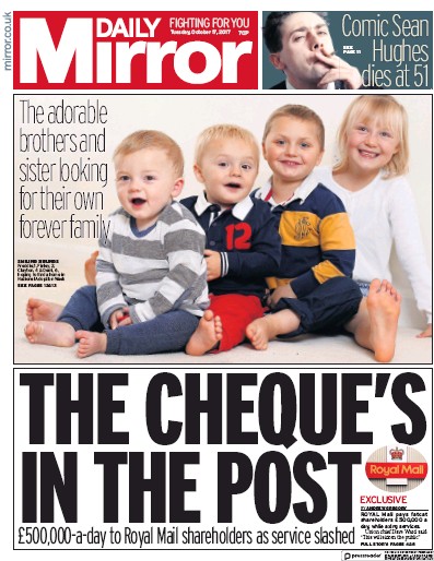 Daily Mirror Newspaper Front Page for 17 October 2017