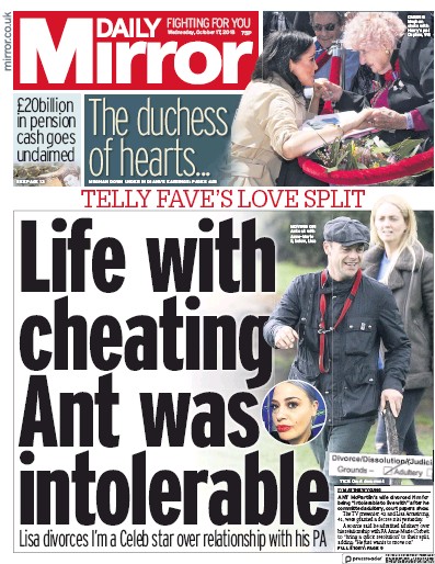 Daily Mirror Newspaper Front Page for 17 October 2018