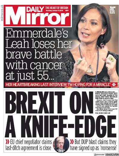 Daily Mirror Newspaper Front Page for 17 October 2019