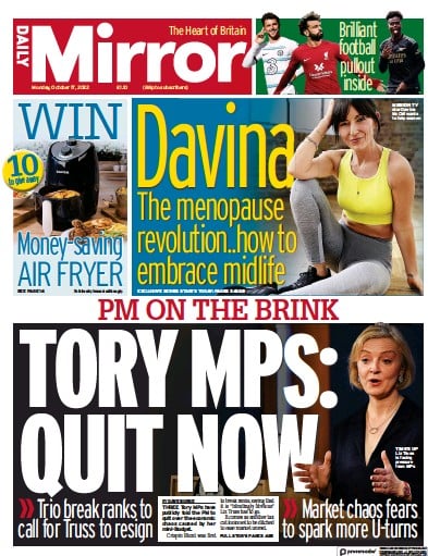 Daily Mirror Newspaper Front Page for 17 October 2022