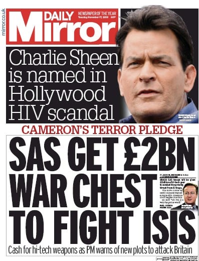 Daily Mirror Newspaper Front Page for 17 November 2015