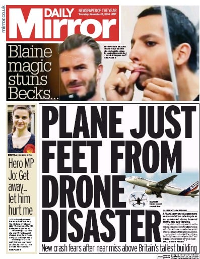 Daily Mirror Newspaper Front Page for 17 November 2016