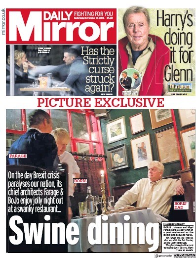 Daily Mirror Newspaper Front Page for 17 November 2018