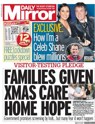 Daily Mirror (UK) Newspaper Front Page for 17 November 2020