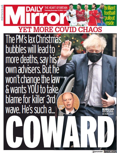 Daily Mirror Newspaper Front Page for 17 December 2020