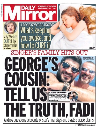 Daily Mirror Newspaper Front Page for 17 January 2017