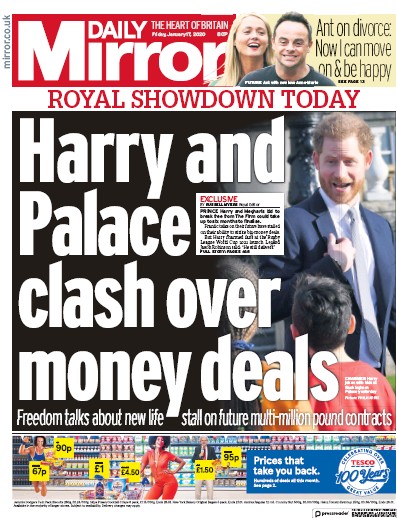Daily Mirror Newspaper Front Page for 17 January 2020