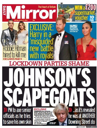 Daily Mirror (UK) Newspaper Front Page for 17 January 2022