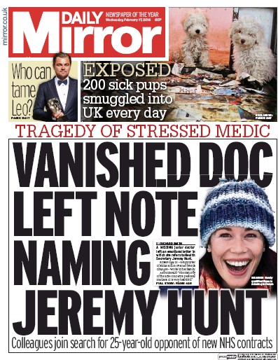 Daily Mirror (UK) Newspaper Front Page for 17 February 2016