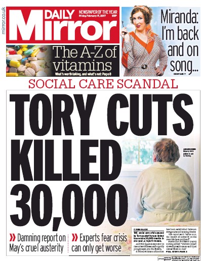 Daily Mirror Newspaper Front Page for 17 February 2017