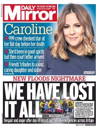 Daily Mirror Newspaper Front Page for 17 February 2020