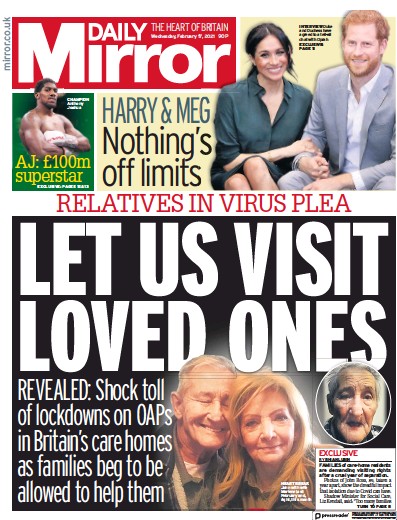 Daily Mirror (UK) Newspaper Front Page for 17 February 2021