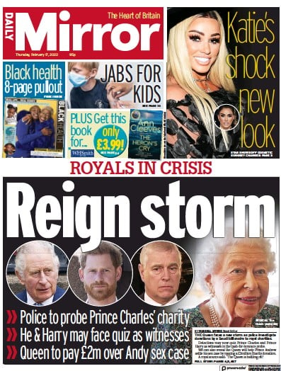 Daily Mirror Newspaper Front Page for 17 February 2022