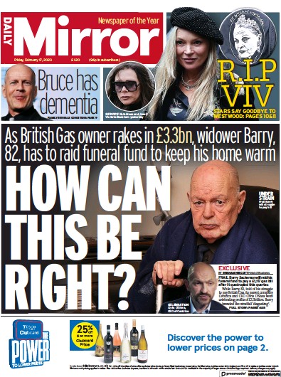 Daily Mirror (UK) Newspaper Front Page for 17 February 2023