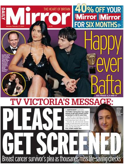 Daily Mirror (UK) Newspaper Front Page for 17 February 2025