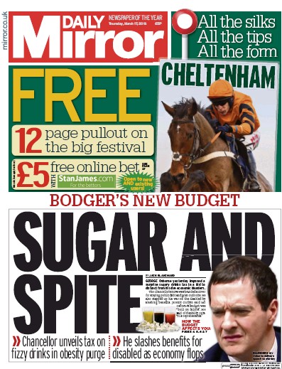 Daily Mirror Newspaper Front Page for 17 March 2016
