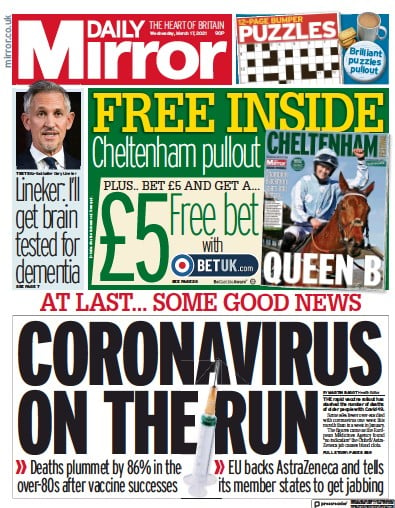 Daily Mirror (UK) Newspaper Front Page for 17 March 2021