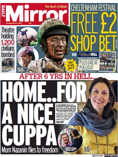 Daily Mirror Newspaper Front Page for 17 March 2022