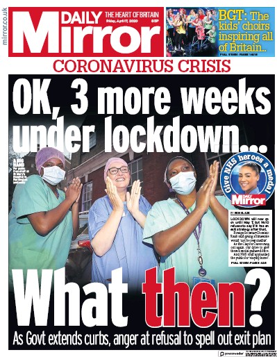 Daily Mirror Newspaper Front Page for 17 April 2020