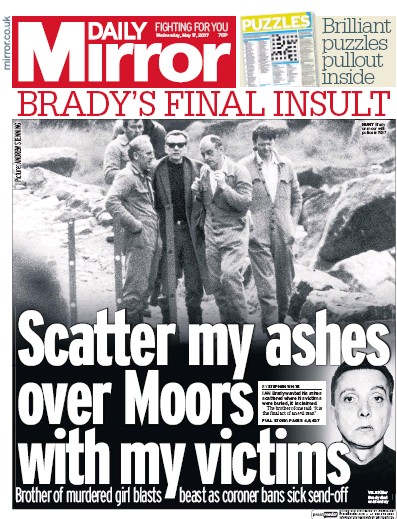 Daily Mirror Newspaper Front Page for 17 May 2017