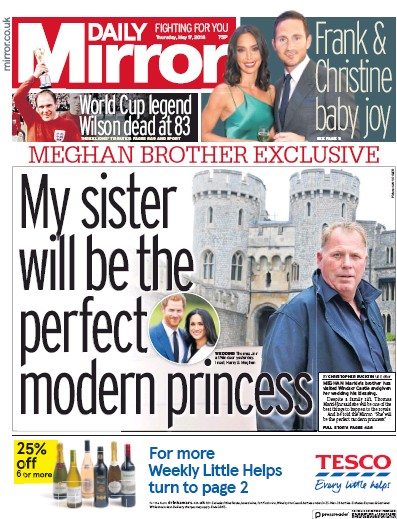 Daily Mirror Newspaper Front Page for 17 May 2018