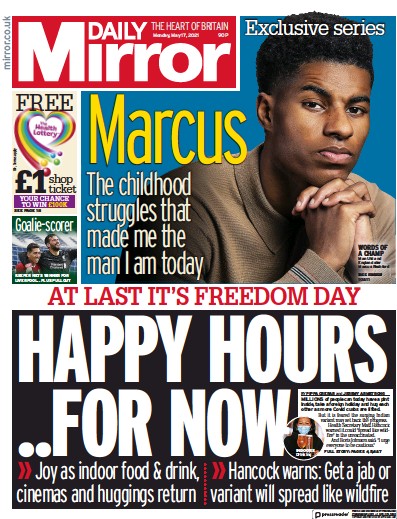 Daily Mirror Newspaper Front Page for 17 May 2021