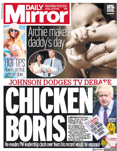 Daily Mirror (UK) Newspaper Front Page for 17 June 2019