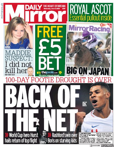 Daily Mirror Newspaper Front Page for 17 June 2020