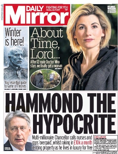 Daily Mirror Newspaper Front Page for 17 July 2017