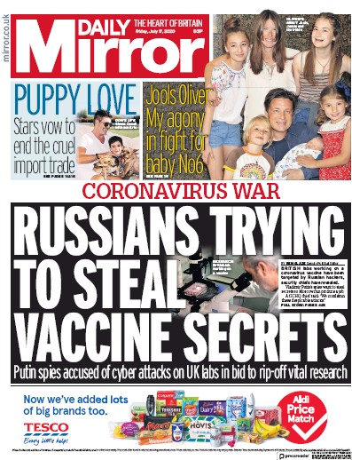 Daily Mirror Newspaper Front Page for 17 July 2020