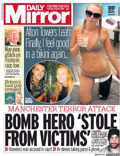Daily Mirror (UK) Newspaper Front Page for 17 August 2017