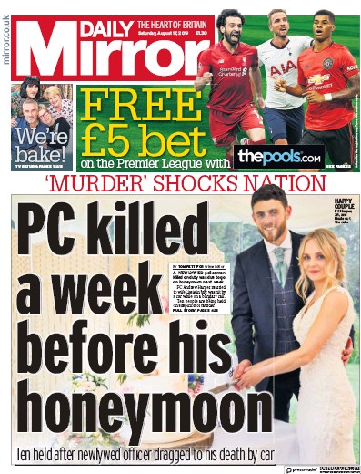 Daily Mirror Newspaper Front Page for 17 August 2019