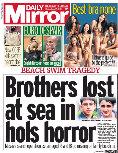 Daily Mirror Newspaper Front Page for 17 August 2020
