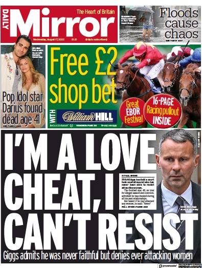 Daily Mirror (UK) Newspaper Front Page for 17 August 2022