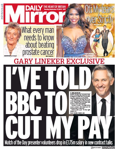 Daily Mirror Newspaper Front Page for 17 September 2019