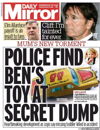 Daily Mirror Newspaper Front Page for 18 October 2016