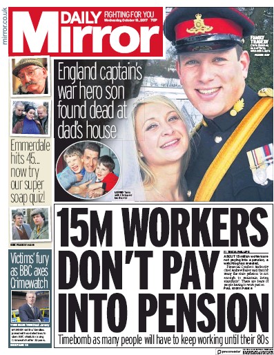 Daily Mirror Newspaper Front Page for 18 October 2017