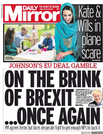 Daily Mirror Newspaper Front Page for 18 October 2019