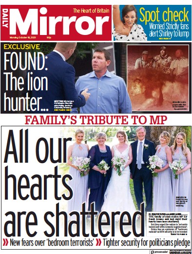 Daily Mirror (UK) Newspaper Front Page for 18 October 2021