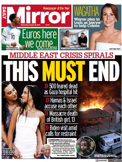 Daily Mirror (UK) Newspaper Front Page for 18 October 2023