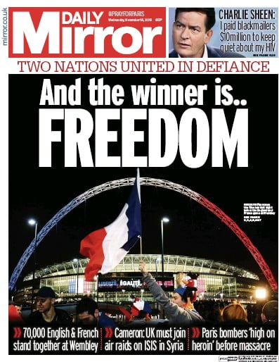 Daily Mirror Newspaper Front Page for 18 November 2015