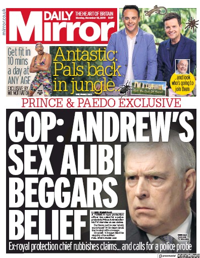 Daily Mirror Newspaper Front Page for 18 November 2019