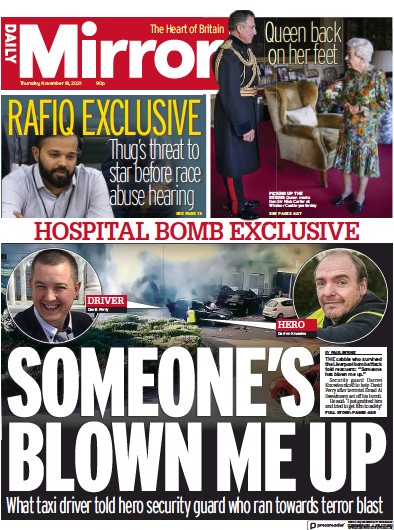 Daily Mirror (UK) Newspaper Front Page for 18 November 2021