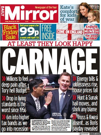 Daily Mirror (UK) Newspaper Front Page for 18 November 2022