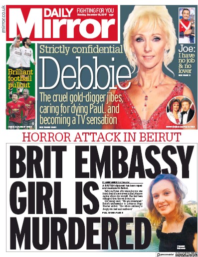 Daily Mirror Newspaper Front Page for 18 December 2017