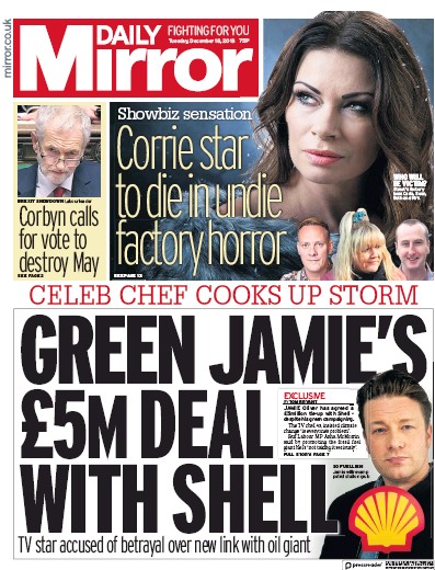 Daily Mirror Newspaper Front Page for 18 December 2018