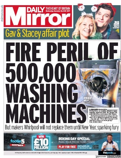 Daily Mirror Newspaper Front Page for 18 December 2019