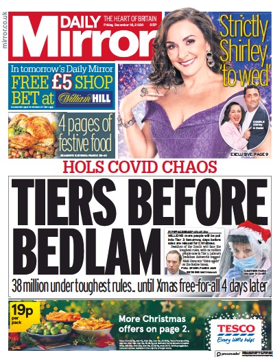 Daily Mirror Newspaper Front Page for 18 December 2020