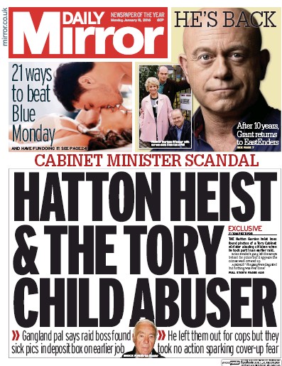 Daily Mirror Newspaper Front Page for 18 January 2016